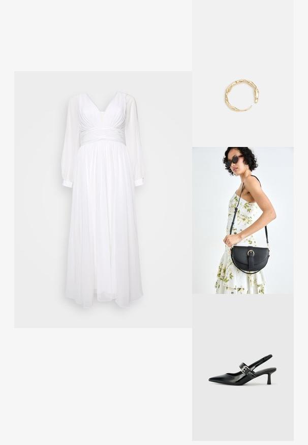 Bela maxi obleka z globokim izrezom, plisirano telo in dolgimi prosojnimi rokavi. Tokokrogni material z oprijetim pasom za strukturirano silhueto.; Črne patent usnjene slingback pete s koničastim nosom in majhnim blok peto, ki vključujejo srebrno zaponko na traku.; Črna usnjena torbica s ukrivljeno obliko, z odstranljivo naramnico in zlatimi dodatki. Torbica ima pokrov s podrobnostmi v obliki zaponke.; Zlati prstan s organskim, zvitim dizajnom, gladko površino in taperiranimi konci, ki ustvarja modernega, skulpturalnega videza.