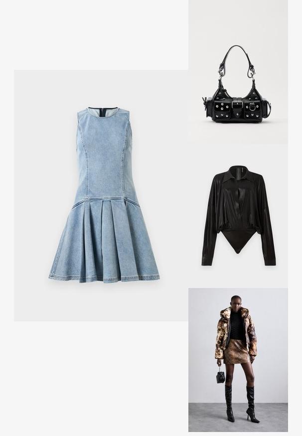 Bezrukávové světle modré džínové šaty s přiléhavým živůtkem a rozšířenou plisovanou sukní, kulatým výstřihem a viditelným zipem na zádech.; Černý body s dlouhými rukávy, výstřihem do V a přiléhavým střihem. Vyrobeno z lesklého, hladkého materiálu se strukturovaným límcem a manžetami.; Puffa bunda s hnědým a černým vzorem, zkombinovaná s hnědou mini sukní s hadím vzorem, černými vysokými botami a malou černou taškou.; Černá kožená kabelka s křivkovým designem, zdobená stříbrnými hřebíky, s přezkou a dvěma bočními kapsami. Nastavitelný popruh pro různé možnosti nošení.