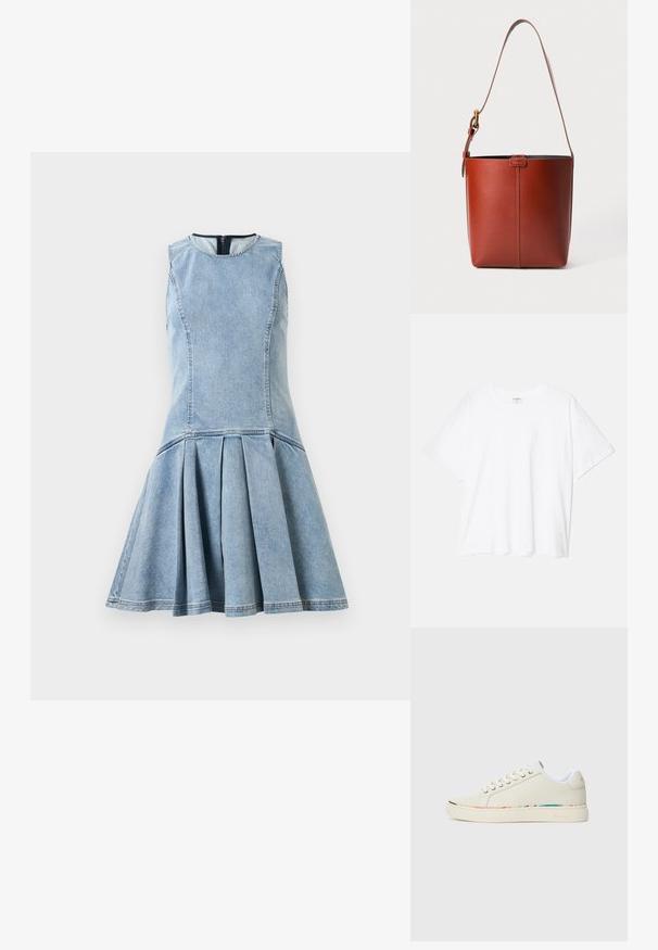 Hihaton, vaaleansininen farkumekko, jossa on tiukka yläosa ja levenevä, laskostettu hame, pyöreä kaula-aukko ja näkyvä vetoketju takana.; Valkoinen puuvillapaita lyhyillä hihoilla, pyöreällä pääntiellä, rentoa tyyliä ja ommeltu helma. Tunniste näkyvissä sisäkauluksessa.; Valkoinen matala tennari nauhalla, valkoisella sisävuorella ja huomaamattomalla monivärisellä koristelulla kengän pohjan reunassa, sivuprofiili.; Ruskea nahkainen ämpärilaukku, jossa on säädettävä olkahihna ja kultasävyinen solki, yksinkertainen pystysaumadesign etuosassa.