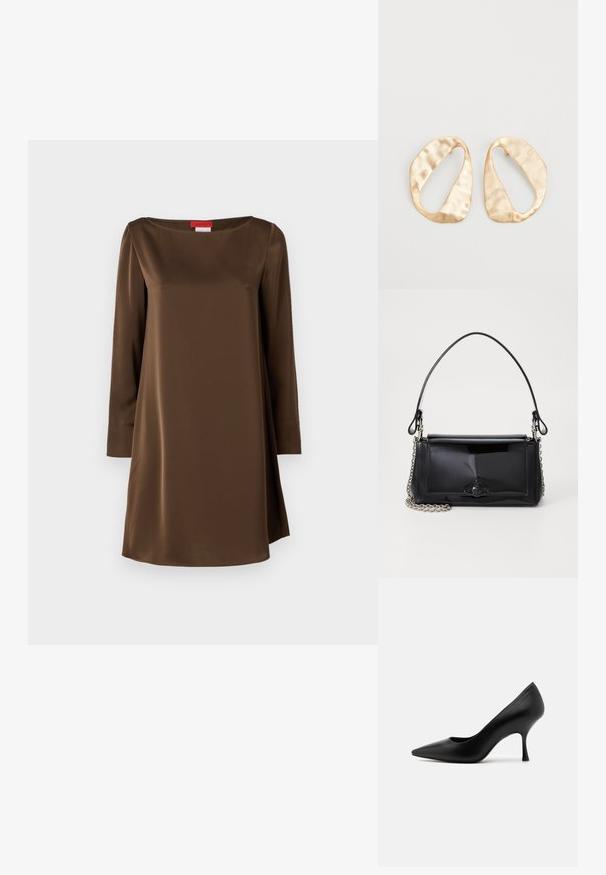 Rochie lungă din satin maro cu mânecă lungă, decolteu tip bărcuță, tăietură dreaptă și textură netedă, având un luciu discret și un design minimalist.; Pantofle negre din piele, cu toc înalt și vârf ascuțit, având o textură netedă și o siluetă clasică.; Geantă din piele patent neagră, cu o formă rectangulară, mânere din lanț și un accent distinctiv din metal în centru. Textură netedă.; O pereche de cercei din metal de culoare aurie, cu formă ovală neregulată, având o suprafață texturată, ușor ciocănită, pe un fundal alb.