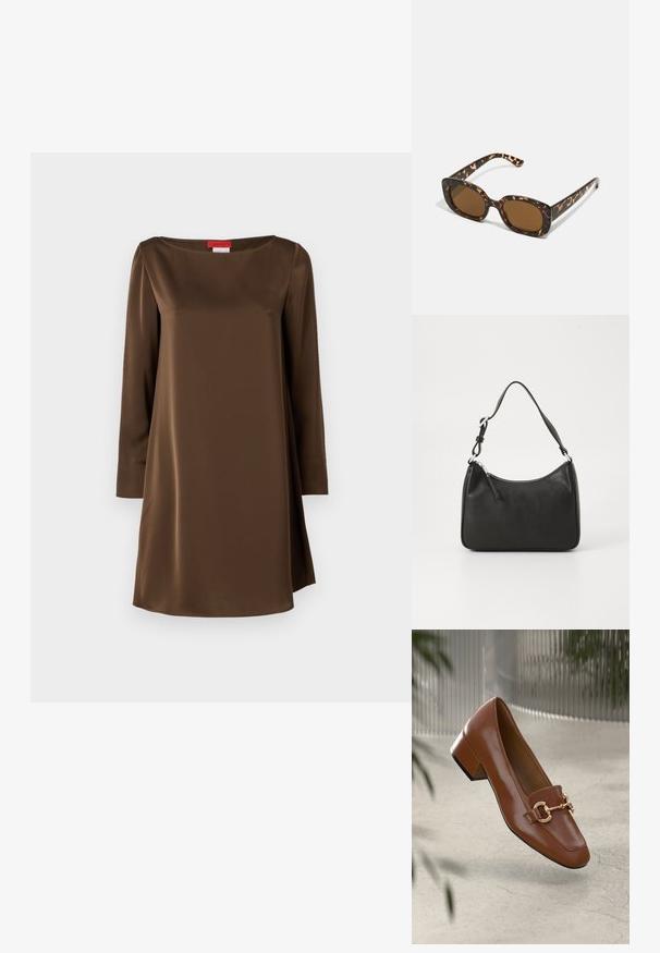 Hnedé saténové šaty s dlhým rukávom, lodičkovým výstrihom, rovného strihu a hladkou textúrou, so subtilným leskom a minimalistickým dizajnom.; Hnedé lakované kožené loafers s hranatou špičkou, kovovým reťazovým akcentom a nízkym blokovým podpätkom; hladká textúra, minimalistický dizajn.; Slnečné okuliare v tortoiseshell štýle s okrúhlym, robustným rámom a hnedými šošovkami. Má jemné vzory a rovné, zoštíhlené ramená.; Čierna kožená kabelka s oblým tvarom, jediným popruhom, zipsom a nenápadným logom na prednej strane. Hladká textúra, minimalistický dizajn.