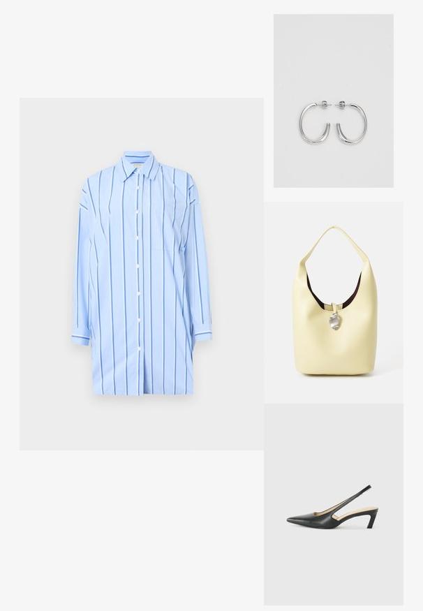 Camisa azul clara, de botões, com riscas brancas verticais, mangas longas, um bolso no peito e um colarinho clássico. Tecido de algodão suave.; Sandal com bico fino e calcanhar baixo, em couro liso, com um design recortado na lateral para respirabilidade.; Saco hobo em pele amarela suave com uma forma arredondada. Apresenta um acabamento liso, forro interior escuro e um destaque em tom prateado na fecho.; Brincos de argola prateados com um acabamento suave e brilhante. Forma arredondada, design leve, com fecho de pino.