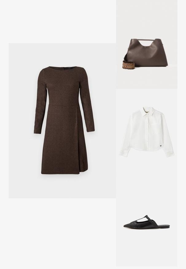 Robe longue marron à manches longues avec un tissu texturé, cintrée au niveau du corsage, s'évasant au niveau de la jupe, dotée d'une fermeture éclair au dos.; Chemise blanche à manches longues raccourcie en coton. Elle présente un devant à boutons, une poche sur la poitrine et un petit logo noir en bas à gauche.; Chaussure en cuir noir à talon ouvert avec un bout pointu, présentant un accent tressé et un design supérieur plissé. Semelle plate avec un matériel minimal.; Sac à main en cuir marron avec une finition texturée, un design angulaire et une poignée supérieure distinctive. Présente un détail de sangle tissée à motif.