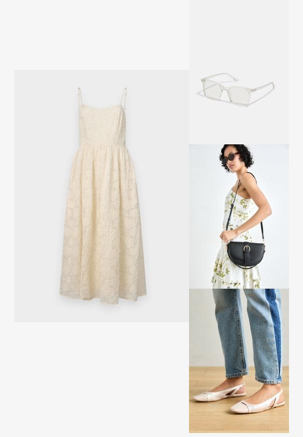 Kratka čipkasta haljina u krem nijansi, sa tankim podesivim trakama, prilagođenim gornjim dijelom i raširenim suknjom sa cvjetnim uzorcima.; Svijetlo ružičaste slingback balerinke s šiljastim vrhom, izrađene od glatkog materijala nalik koži. Sadrže izrezane detalje sa strane i ravnu petu.; Prozirne plastične naočale kvadratnog okvira s prozirnim lećama, koje sadrže zlatne akcentne detalje na drškama.; Crna kožna torba s lukovitim oblikom, odvojivim remenom i zlatnim detaljima. Torba ima preklop s kopčom.