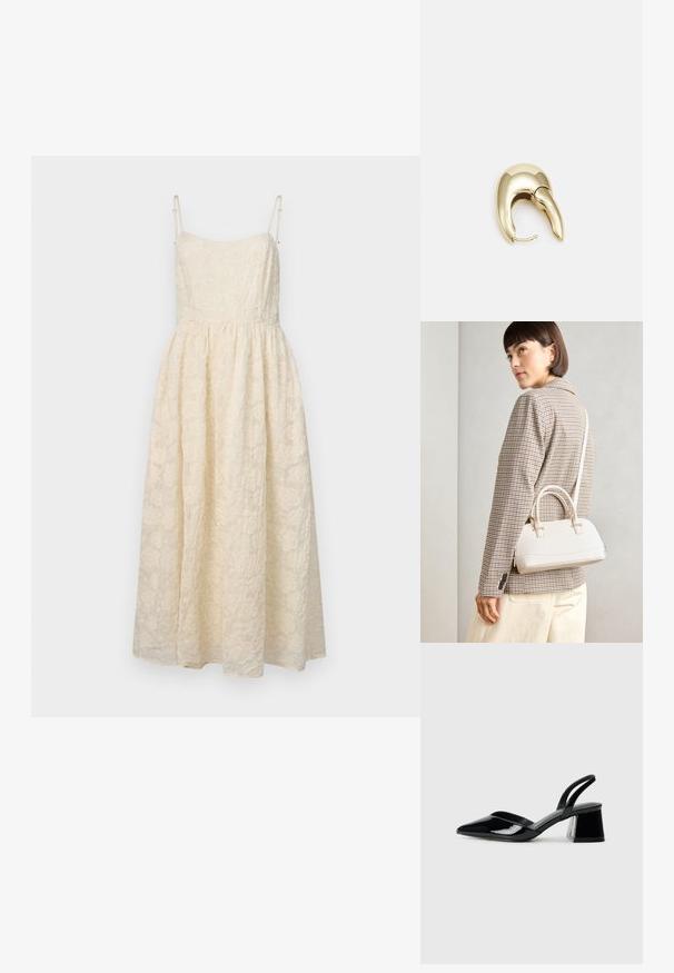 Cremfarbene Spitzen-Midikleid mit dünnen verstellbaren Trägern, einem taillierten Oberteil und einem weit schwingenden Rock mit floralen Mustern.; Schwarze Lackleder-Slingback-High Heels mit spitzem Schuh und einem geometrischen Blockabsatz. Verfügt über ein schlankes, minimalistisches Design und eine glatte Textur.; Weiße strukturierte Handtasche mit kurzen Griffen und einem Schultergurt, ausgestattet mit goldfarbenen Hardware-Elementen und strukturiertem Material, vor einem grauen Hintergrund präsentiert.; Ohrringe aus goldfarbenem Metall mit einem schlanken, geschwungenen Design. Sie verfügen über eine markante, spitze Form, eine polierte Oberfläche und einen Scharnierverschluss.
