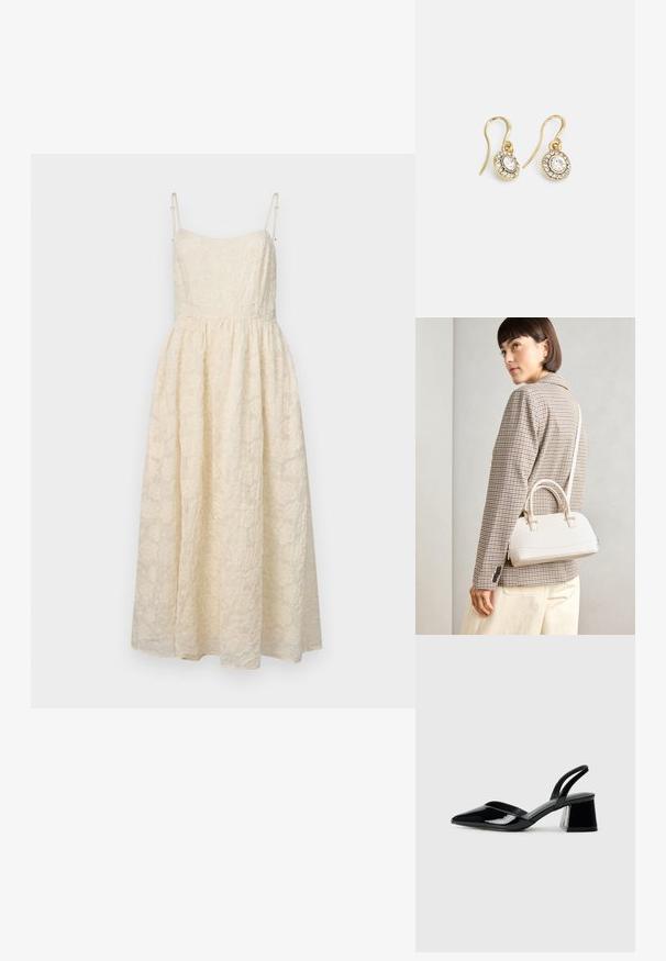 Cremfarbene Spitzen-Midikleid mit dünnen verstellbaren Trägern, einem taillierten Oberteil und einem weit schwingenden Rock mit floralen Mustern.; Schwarze Lackleder-Slingback-High Heels mit spitzem Schuh und einem geometrischen Blockabsatz. Verfügt über ein schlankes, minimalistisches Design und eine glatte Textur.; Weiße strukturierte Handtasche mit kurzen Griffen und einem Schultergurt, ausgestattet mit goldfarbenen Hardware-Elementen und strukturiertem Material, vor einem grauen Hintergrund präsentiert.; Goldfarbene Ohrringe mit ovalen klaren Kristallen, die von kleineren klaren Steinen umgeben sind, und einem Haken-Design für sicheren Halt.