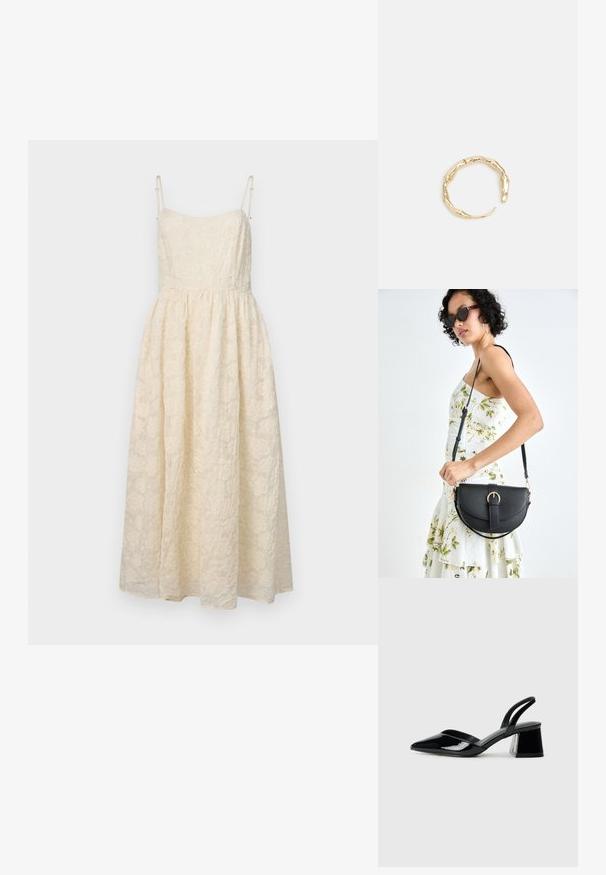 Krajková midi šaty v krémovej farbe, s tenkými nastaviteľnými ramienkami, priliehavým korzetom a rozšírenou sukňou s kvetinovými vzormi po celom. ; Čierne lakované kožené sandálové podpätky s špicatou špičkou a geometrickým blokovým podpätkom. Disponujú elegantným, minimalistickým dizajnom a hladkým povrchom.; Čierna kožená kabelka s zaobleným tvarom, odnímateľným popruhom a zlatými doplnkami. Kabelka má klopu s detailom s prackou.; Prsteň v zlatej farbe s organickým, skrúteným dizajnom, hladkým povrchom a zužujúcimi sa koncami, vytvárajúci moderný, sochársky vzhľad.