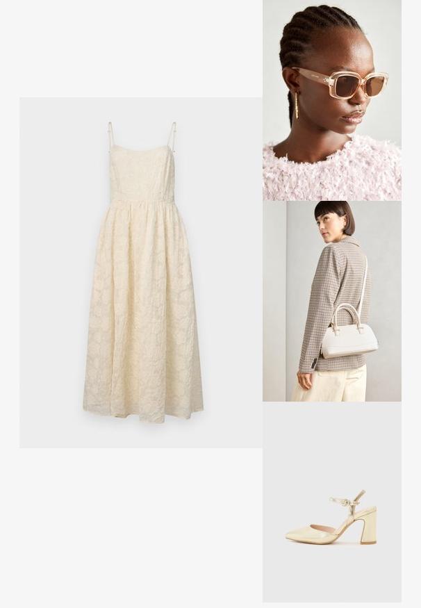 Čipkast midi oblek v kremasti barvi, z tankimi nastavljivimi naramnicami, prilegnjenim zgornjim delom in razširjenim krilom z cvetličnimi vzorci po celotni obleki.; Zlata metalna visoka obuća s šiljastim nosom, remenom oko gležnja s kružnim kopčom i dizajnom debljeg potplata. Glatka tekstura.; Bežna oversized sončna očala s prozornim okvirjem in rjavimi lečami, ki imajo subtilne cvetlične poudarke in drzen, geometrijski dizajn.; Bela strukturirana torba z kratkimi ročaji in naramnim trakom, z zlatimi okrasnimi elementi in teksturiranim materialom, prikazana na sivi podlagi.