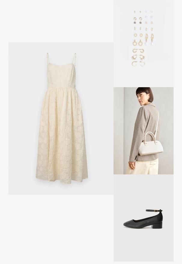 Krēmkrāsas mežģīņu midi kleita, ar plānām regulējamām siksnām, pieguļošu augšu un izplešas svārkiem ar ziedu rakstiem visā kleitā.; Melnas ādas sūkņi ar smailu purngalu un zemu bloku papēdi. Iezīmēts ar potītes siksniņu ar zelta krāsas sprādzi. Gluda tekstūra.; Balta strukturēta roku soma ar īsām rokturiem un plecu siksnu, ar zelta aparatūras akcentiem un strukturētu materiālu, izstādīta uz pelēka fona.; Zeltainā tonī auskari, kas iekļauj dažādus dizainus, tostarp pīrsingu, gredzenus un karājošus elementus ar pērlēm un rhinestones.