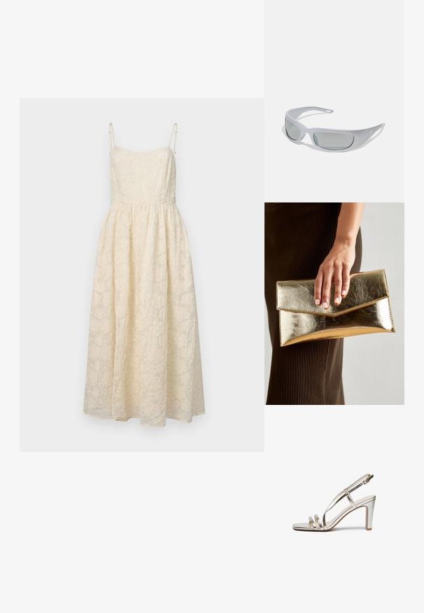 Krēmkrāsas mežģīņu midi kleita, ar plānām regulējamām siksnām, pieguļošu augšu un izplešas svārkiem ar ziedu rakstiem visā kleitā.; Metāliski sudraba augstpapēžu sandaļi ar atvērtu purngalu, kas aprīkoti ar trim plāniem siksniņām pāri pēdai un potītes siksniņu ar sprādzi.; Saulesbrilles ar elegantu, pelēku plastmasas rāmi, izliekta dizaina un pelēkām tonētu lēcām. Rāmī ir logo akcentēšana uz vienas puses.; Zelta metalizēta sajūga soma ar gludu tekstūru, kuru rotā trīsstūrveida vāks. Rokai, kas to tur, ir kārtīgi apgriezti nagi.