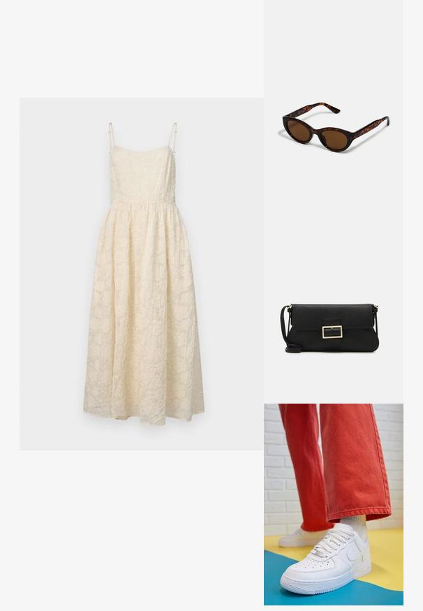 Krém színű csipkés midi ruha, vékony állítható pántokkal, testhez simuló felsőrésszel és virágmintás, bővülő szoknyával.; Fehér bőr edzőcipő perforált orral, texturált talppal és fehér fűzővel, széles vörös nadrággal párosítva, kék és sárga háttérrel.; Barna teknősbéka napszemüveg vintage macska szemformával és barna lencsékkel. Íves karokkal rendelkezik, amelyek piros részletekkel vannak ellátva.; Fekete bőr kézitáska hajtóka részlettel és aranyszínű fém csattal. Tartalmaz egy fekete pántot és egy letisztult, minimális dizájnt.; Arany fülbevalók sima, fényes felülettel. Kör alakú dizájn, amely kis kapoccsal és átlátszó tartozékkal rendelkezik a biztonságos viselés érdekében.