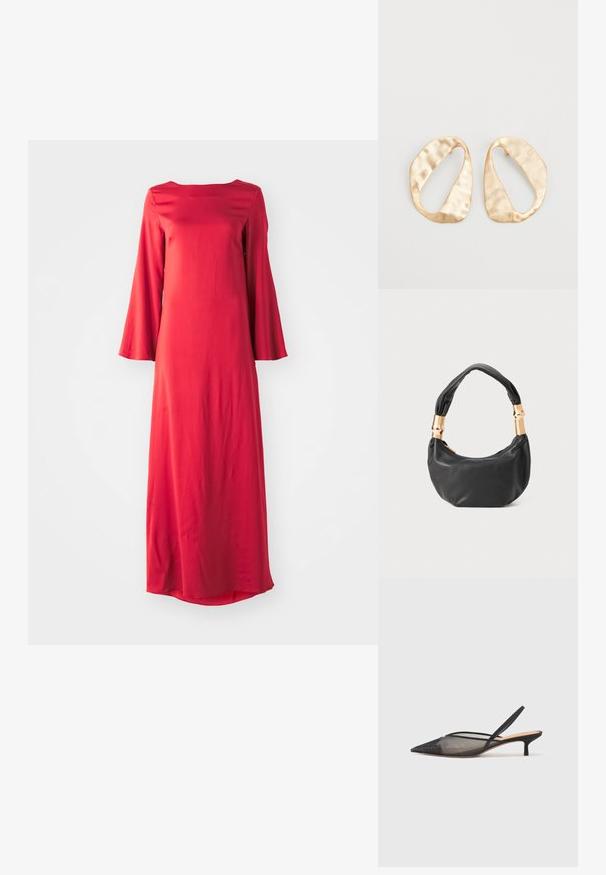 Long red dress in lightweight fabric, featuring a bateau neckline and wide bell sleeves. Smooth texture with a straight silhouette.; NEOUS IRENA - Classic heels - black; Black leather handbag with a round shape, soft texture, and a knotted handle featuring gold-tone hardware accents. Zipper closure.; Pair of irregular oval-shaped gold-toned metal earrings with a textured, slightly hammered surface on a white background.