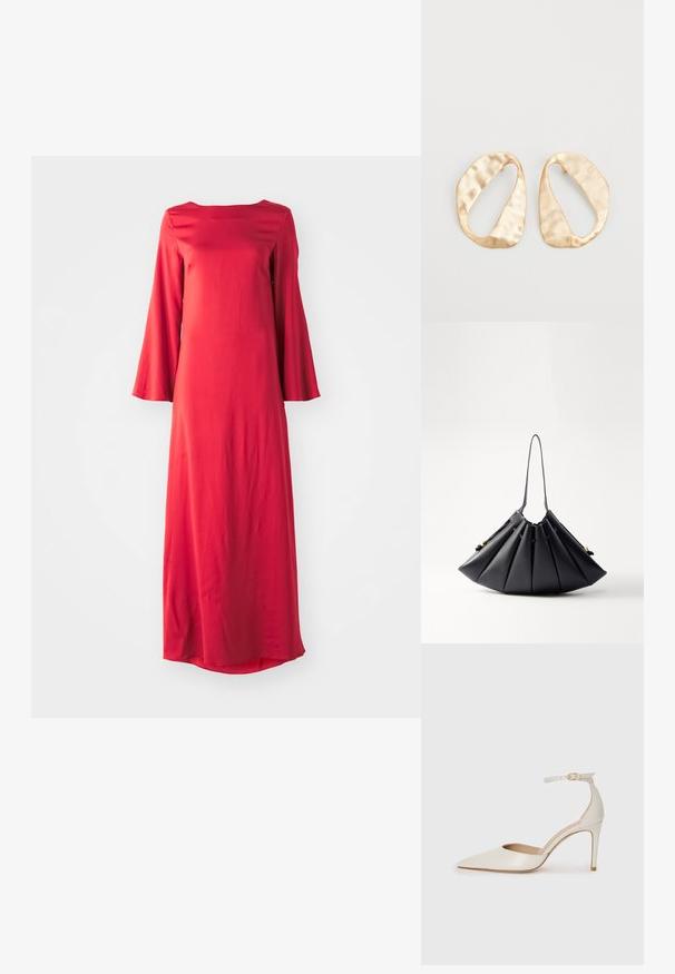 Pikk punane kleit kergest kangast, millel on bateauneck ja laiad kellukesed. Sile tekstuur koos sirge siluettiga.; Valgete nahast kõrge kontsaga kingad, terava varbaga, ankle strapiga ja kitsaste stiletto kontsadega. Sile tekstuur koos peene läikega.; Mustast pleeditud käekotist, mis on valmistatud siledast nahast, millel on üks sang, kuldsed aktsendid ja geomeetriliselt struktureeritud kuju.; Eba paar eba ebaorditud ovaalkujulisi kuldehhe kaal setertu, kerge keersuju pinnaga valgel taustal.
