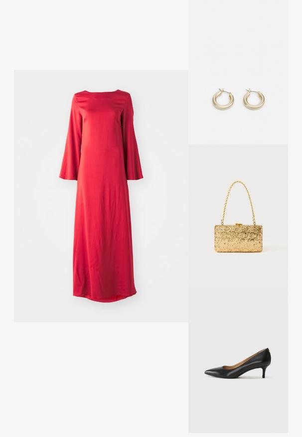 Largo vestido rojo en tejido liviano, con escote barco y amplias mangas acampanadas. Textura suave con una silueta recta.; Zapato de tacón negro de cuero con punta afilada, tacón bajo y textura suave. Presenta una ligera apertura en la parte frontal y un hardware minimalista en la parte trasera.; Clutch dorado de lentejuelas con forma rectangular, que presenta un asa de cadena trenzada y un cierre de metal, reflejando la luz con un acabado texturizado.; Lauren Ralph Lauren BASIC SMALL HOOP - Pendientes - gold-coloured