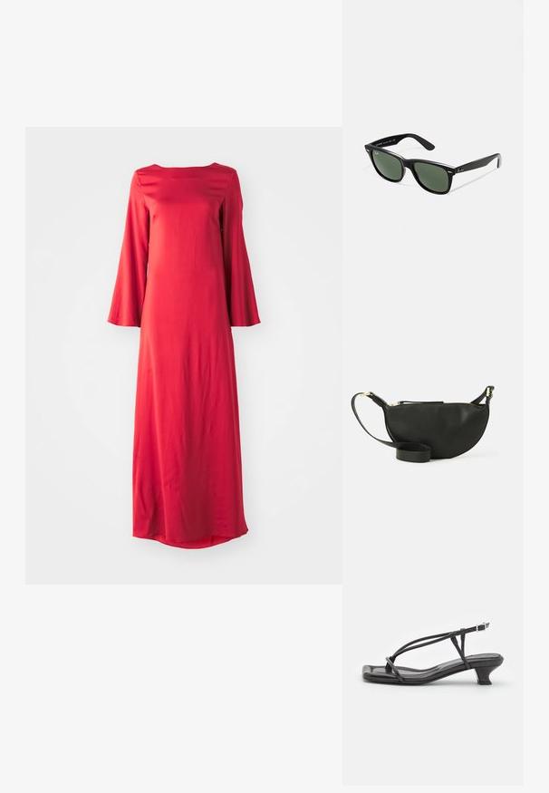 Robe longue rouge en tissu léger, dotée d'un col bateau et de larges manches évasées. Texture lisse avec une silhouette droite.; Sandal en cuir noir avec des fines lanières, un petit talon carré et un bout carré. Dispose d'une fermeture à boucle et d'une texture lisse.; Lunettes de soleil en plastique noir avec verres verts, monture carrée, accent argenté sur le sourcil et branches texturées. Marque indiquée sur l'intérieur de la branche.; Sac bandoulière en cuir noir de forme demi-lune, surface texturée, fermeture éclair dorée et bandoulière plate. Design compact adapté pour les essentiels.