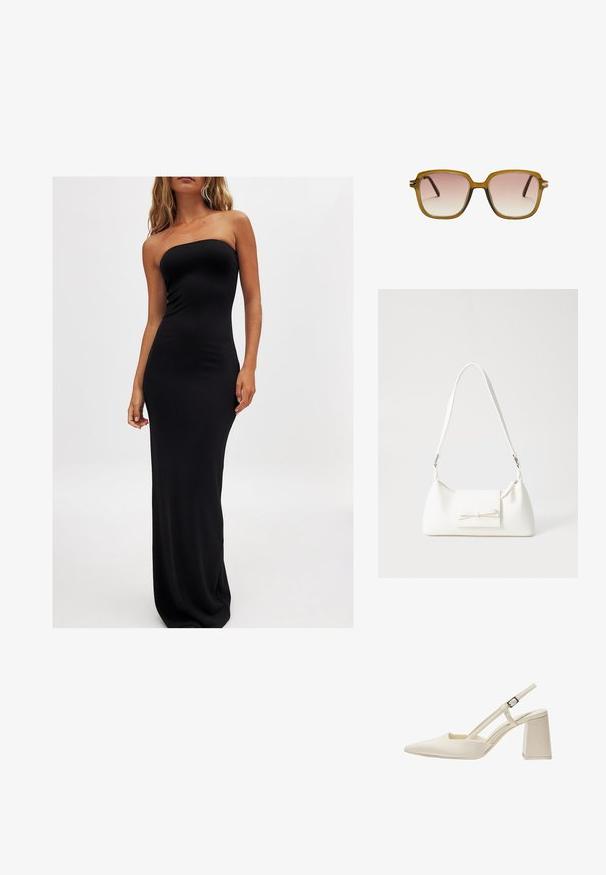 Žena v čiernych šatách bez ramienok, dlhých po zem, stojí proti jednoduchému bielému pozadiu, pričom ukazuje minimalistický módny štýl.; Béžové sandále s vykrojením a špicatou špičkou, lesklým lakovaným povrchom, stredným blokovým podpätkom a nastaviteľným remienkom. Minimalistický dizajn s otvorenými stranami.; Štvorcové slnečné okuliare s svetlohnedým priehľadným rámom, gradientnými ružovými sklami a tmavohnedými bočnými ramenami. Minimalistický dizajn s jemnými detailmi.; Biela syntetická kabelka s trojuholníkovým tvarom, plochým predným klapkou a detailom mašle, nastaviteľným popruhom, hladkou textúrou a minimalistickým dizajnom.