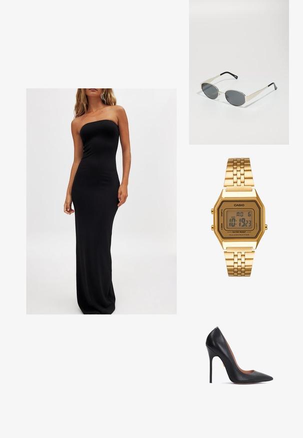 Een vrouw in een strapless, lange zwarte jurk staat tegen een effen witte achtergrond, wat een minimalistische mode stijl laat zien.; Zwarte leren hoge hak pump met een spitse neus, slanke stiletto hak en een gebogen halslijn. Gladde textuur en een gouden accent nabij de hak.; Zonnebril met ovale grijze lenzen, zilveren metalen frame en zwarte accenten op de pootjes. Beschikt over een strak ontwerp en minimale hardware.; Gouden digitale klok met een rechthoekige wijzerplaat, LCD-display, roestvrijstalen band en knoppen aan de zijkant. Bevat een waterdicht label.
