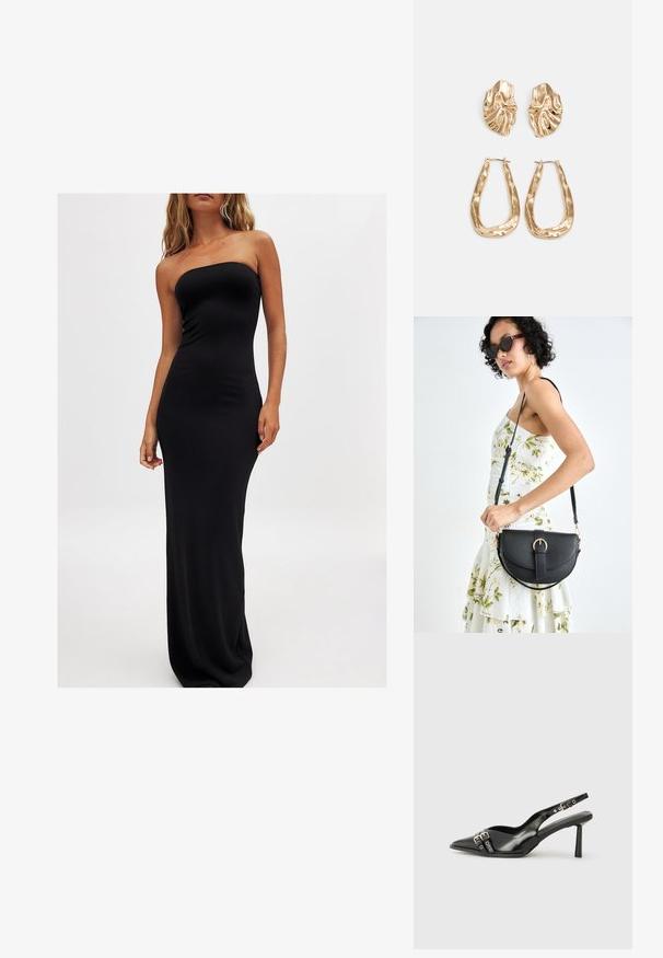 Naine kannab rihmata, põrandapikkuses musta kleiti, seistes ühtlase valge tausta ees, näidates minimalistlikku moe stiili.; Must musta nahk kingad sanga ja terava ninaga, ankle strapidega, millel on hõbedased pandlad ja riistvara ning õhuke konts.; Mustmust mustraha kõverate joontega, eemaldatava rihmaga ja kuldsete detailidega. Kotil on klapp, millel on pandladetail.; Kuldse värvi kõrvarõngad, mis on kaunistatud tekstuursete ja laineliste kujunditega. Komplektis on skulpturaalsed klamber kõrvarõngad ja avatud rõngasdisain, millel on lõhestatud viimistlus.