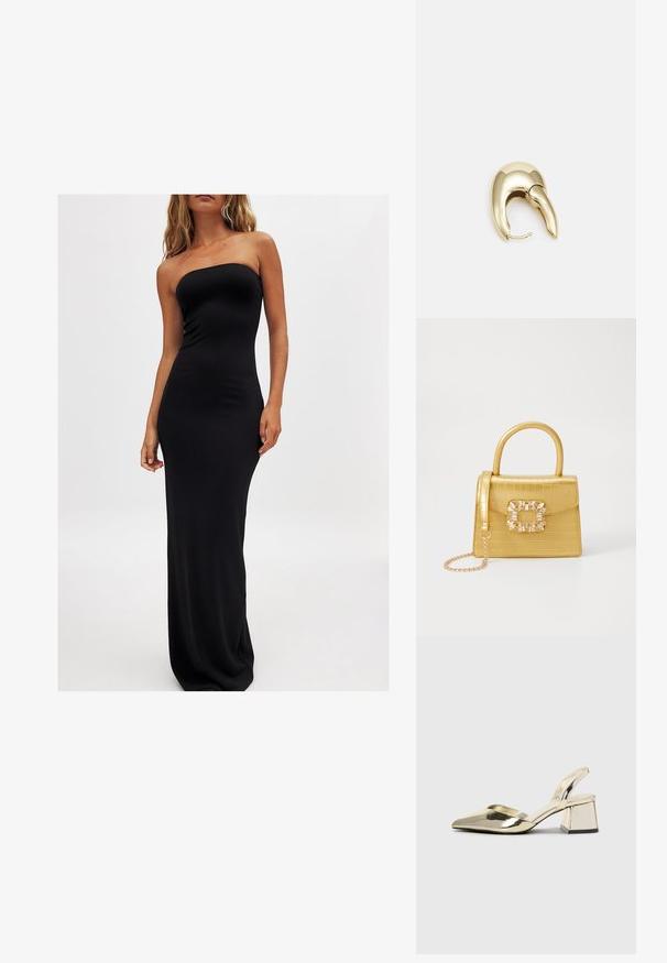 Ženska v črni obleki brez naramnic, dolgi do tal, stoji ob enobarvni beli podlagi in prikazuje minimalističen stil mode.; Zlati, kovinski slingback čeveljci z ostrim nosom in masivnim peto. Gladka tekstura, minimalistična zasnova in ozka zanka.; Rumeno usnjeno-usnje z vzorcem krokodila, s strukturiranim dizajnom, zgornjo ročajem, snemljivo verižico in dekorativnim kristalnim okrasjem na zaponki.; Uhane nakit iz zlatastega tona z gladko, ukrivljeno zasnovo. Ima edinstveno koničasto obliko, polirano površino in zaponko s tečajem.