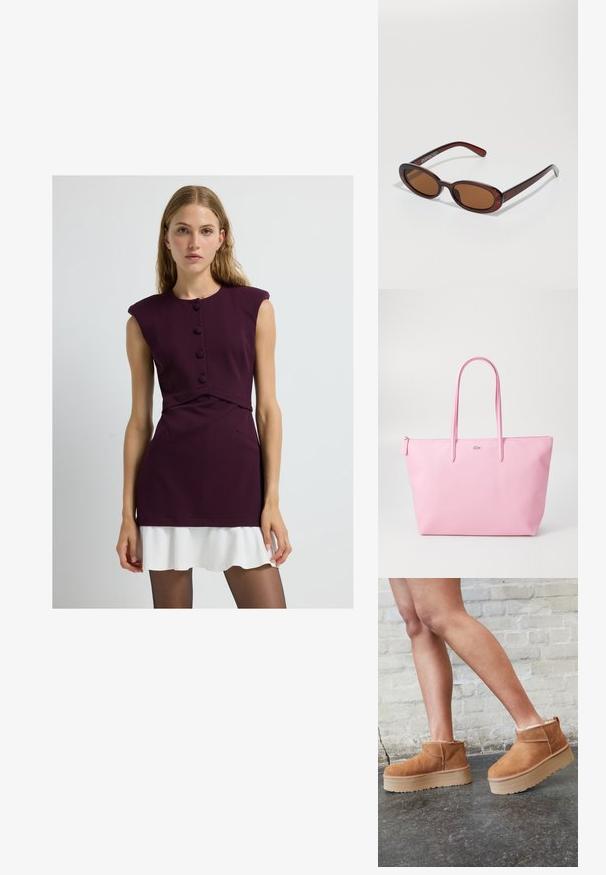 Robe courte d'un bordeaux profond avec des manches courtes, des détails de boutons et un ourlet en volants blancs superposés. Tissu lisse avec poches latérales.; Bottines en suède marron avec une doublure en peluche, semelle épaisse en beige et une poignée à l'arrière. Surface texturée avec des détails de couture visibles.; Lunettes de soleil rondes teinte brun avec une monture bordeaux brillante. Branches fines avec un détail de marque subtil. Design de verres plats.; Sac fourre-tout rose en matériau texturé, doté de deux longues poignées et d'un logo en relief sur le devant. Fermeture zippée en haut.