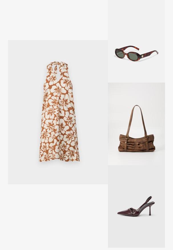 Robe sans manches avec un motif floral d'hibiscus blanc et marron. Possède un lien au cou et une silhouette ample et fluide.; Escarpin slingback en cuir verni bordeaux avec bout pointu, fine bride à la cheville et petit détail décoratif de boucle. Texture lisse et talon haut.; Lunettes de soleil en écaille de tortue avec verres foncés, en forme ovale et avec des branches larges. Présente un petit accent doré sur le côté. Matériau en plastique lisse.; Even&Odd Sac à main - brown
