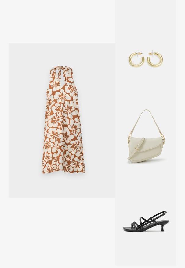 Sleeveless dress with a white and brown hibiscus floral pattern. Features a tie at the neck and a loose, flowing silhouette.; Black heeled sandals with multiple crisscross straps. Smooth material, pointed toe, and narrow heel. Adjustable ankle strap with buckle.; Small cream handbag with a textured finish, a long adjustable strap, a chain accent, and a flap closure. Gold hardware detailing.; Gold hoop earrings with a smooth, shiny finish. Circular design featuring a small post and clear backing for secure wear.