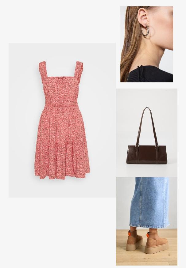 Červené květinové šaty s čtvercovým výstřihem, tenkými ramínky a vrstvenou sukní. Vyrobeny z lehké látky s texturovaným vzhledem.; Hnědé semišové platformové boty s elastickými bočními panely a oranžovými poutky, spárované s sukní z jasného denimu ke kolenům na dřevěné podlaze.; Hnědá kabelka z patentované kůže obdélníkového tvaru, se dvěma dlouhými uchy a jemnými zakřivenými akcenty na přední straně.; Stříbrný kruhový náušník s lesklým povrchem, zdobený malými zlatými akcenty, v kulatém tvaru, nošený na lalůčku.