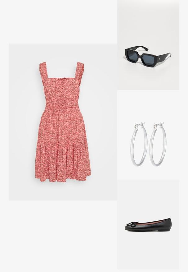 Red floral dress with square neckline, thin shoulder straps, and a tiered skirt. Made from lightweight fabric with a textured appearance.; Black leather ballet flat with a round toe, features a decorative bow and smooth texture. Minimalist design with a low, flat sole.; Black oversized sunglasses with a geometric design, rectangular lenses, and glossy finish. No visible branding on the front.; Silver hoop earrings with a smooth, polished finish. Round shape and secure click-top closure. Lightweight design suitable for everyday wear.