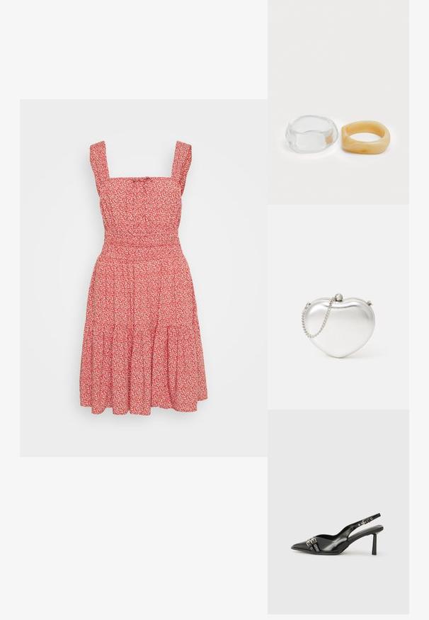 Rood bloemenjurk met vierkante halslijn, dunne schouderbandjes en een gelaagde rok. Gemaakt van lichte stof met een gestructureerde uitstraling.; Zwarte gepolijste leren slingback schoenen met een puntige neus, enkelbandjes met zilveren gespen en hardware, en een slanke hak.; Hartvormige metalen zilveren clutch met een gladde textuur, sluiting met haak en een zilveren kettingband.; Heldere en amber harsringen, de ene glad en transparant, de andere met een gestructureerde, amberkleurige afwerking. Beide hebben afgeronde, chunky ontwerpen.