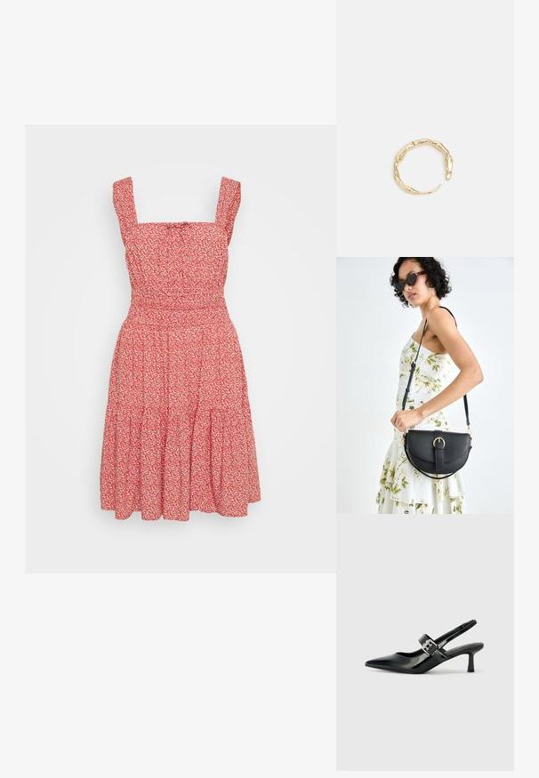 Punainen kukallinen mekko neliskulmaisella kaula-aukolla, ohuilla olkaimilla ja kerroksellisella hameella. Valmistettu kevyestä kankaasta, jossa on teksturoitu ulkonäkö.; Musta patenttinaahkakengät, joissa on osoittava kärki ja pieni lohko korko, varustettuna hopeisella soljella hihnassa.; Musta nahkainen käsilaukku, joka on kaareva muotoilultaan, irrotettavalla hihnalla ja kultaisilla yksityiskohdilla. Laukussa on läppä, jossa on solk yksityiskohta.; Kultaketju, jossa on orgaaninen, kierretty muotoilu, sileä pinta ja cappatut päät, luoden modernin, veistoksellisen ilmeen.