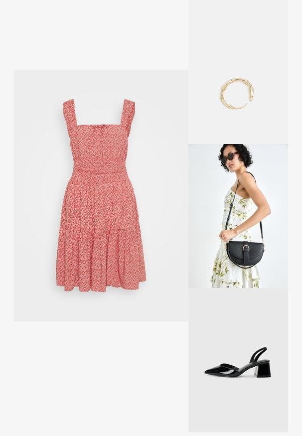 Červené květinové šaty s čtvercovým výstřihem, tenkými ramínky a vrstvenou sukní. Vyrobeno z lehkého materiálu s texturovaným vzhledem.; Čierne lakované kožené sandálové podpätky s špicatou špičkou a geometrickým blokovým podpätkom. Disponujú elegantným, minimalistickým dizajnom a hladkým povrchom.; Čierna kožená kabelka s zaobleným tvarom, odnímateľným popruhom a zlatými doplnkami. Kabelka má klopu s detailom s prackou.; Prsteň v zlatej farbe s organickým, skrúteným dizajnom, hladkým povrchom a zužujúcimi sa koncami, vytvárajúci moderný, sochársky vzhľad.