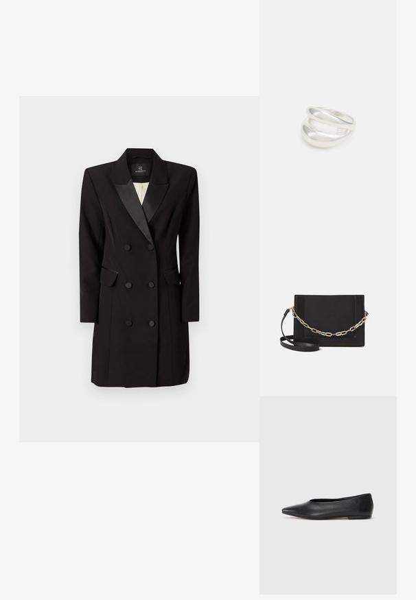 Dwurzędowa czarna sukienka-blazer z gładkiego materiału, z satynowym kołnierzem, dwiema klapami kieszeni i sześcioma guzikami z przodu.; Czarne baleriny z lakierowanej skóry, spiczasty nosek, minimalistyczny design, gładka faktura, niskie obcasy, bez widocznych elementów metalowych czy ozdób.; Czarna skórzana torebka typu crossbody z gładką teksturą, prostokątnym kształtem oraz metalowym detalem w postaci łańcuszka z przodu. W zestawie regulowany pasek.; Srebrna obrączka podwójna z gładką, polerowaną powierzchnią. Posiada płynny, zakrzywiony kształt z nakładającymi się sekcjami, co nadaje nowoczesny wygląd.