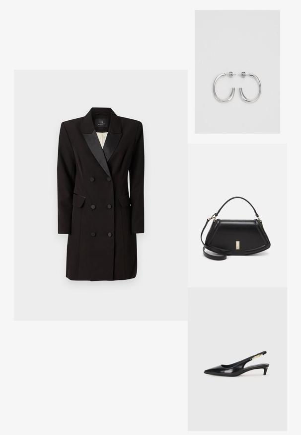 Dwurzędowa czarna sukienka-blazer z gładkiego materiału, z satynowym kołnierzem, dwiema klapami kieszeni i sześcioma guzikami z przodu.; Czarne skórzane szpilki typu slingback z ostrym noskiem, posiadające smukły obcas i złoty akcent na regulowanym pasku. Gładka tekstura.; Czarna skórzana torebka o strukturalnym designie, z przyciętą formą, górnym uchwytem i złotymi akcentami. W zestawie regulowany pasek na ramię.; Srebrne kolczyki koła o gładkiej, błyszczącej powierzchni, z zakrzywionym kształtem i zapięciem na sztyft. Minimalistyczny design z nowoczesnym wykończeniem.