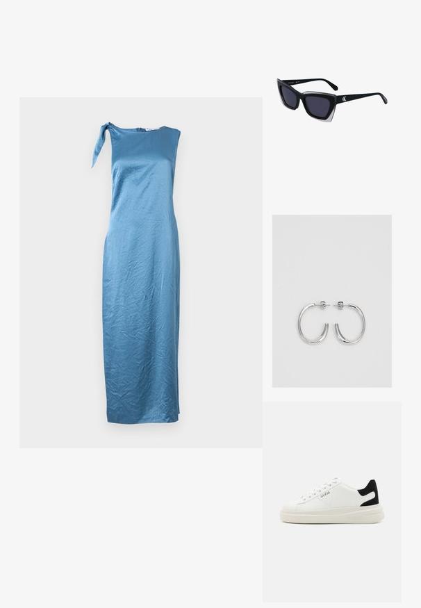 Vestido de satin azul assimétrico com uma alça única e detalhe de laço, apresentando uma silhueta ajustada e comprimento médio.; Sapatilhas brancas de couro com uma sola branca espessa, detalhe em camurça preta no calcanhar e logótipo em relevo na lateral. Design com atacadores e seis ilhós.; Óculos de sol oversized pretos com forma geométrica, apresentando lentes escuras e um detalhe cinza em contraste na armação. Logotipo na haste.; Brincos de argola prateados com um acabamento suave e brilhante. Forma arredondada, design leve, com fecho de pino.
