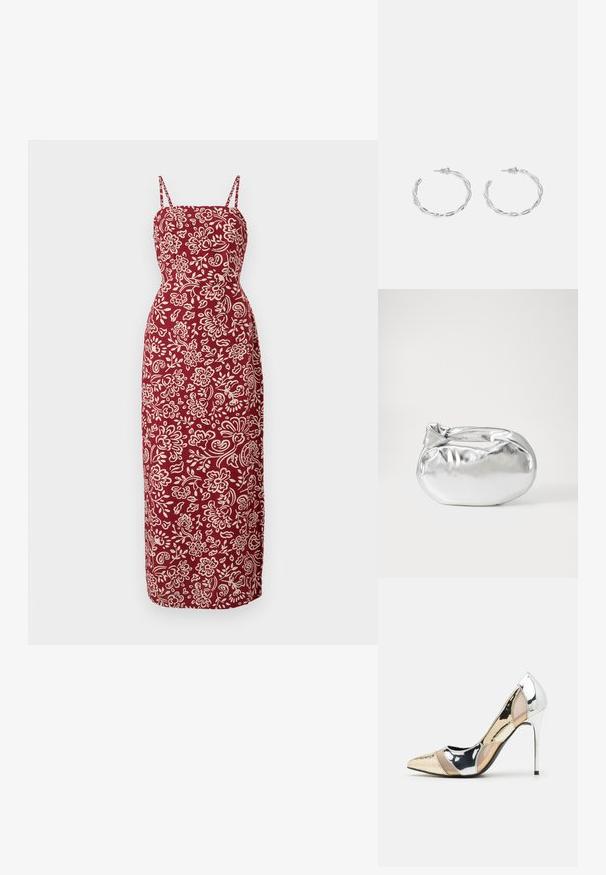 Maxi-jurk van een dieprode stof, met een strak lijfje en dunne bandjes. Heeft een wit bloemenpatroon en een rechte silhouet.; Puntige hoge hak schoenen met een zilver, goud en nude kleurenschema. Glanzende afwerking met uitsnijdingen en een stiletto hak.; Zilveren metalen pouch bag met een zachte, afgeronde vorm en een geknoopte sluiting aan de bovenkant. Gemaakt van soepel faux leren materiaal.; Zilveren creolen met een gedraaide ontwerp, voorzien van een gepolijste afwerking en een post-back sluiting. Meet ongeveer 3 cm in diameter.