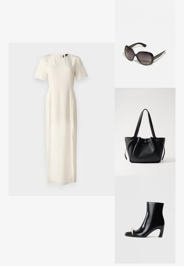 Marella PATTO - Denní šaty - wool white; Černé kotníkové boty vyrobené z lesklé kůže, s špičatou špičkou a dekorativním zlatým a stříbrným akcentem na přední straně. Design s blokovým podpatkem.; Černé sluneční brýle s oversize, zaoblenými rámy. Skla s gradientem od tmavé po světlejší. Disponují elegantním, lesklým povrchem a jemnými logovými akcenty na spáncích.; Černá kožená taška přes rameno s dvěma dlouhými popruhy, staženým vrškem a zlatým kruhovým akcentem. Hladký povrch s minimalistickým designem.