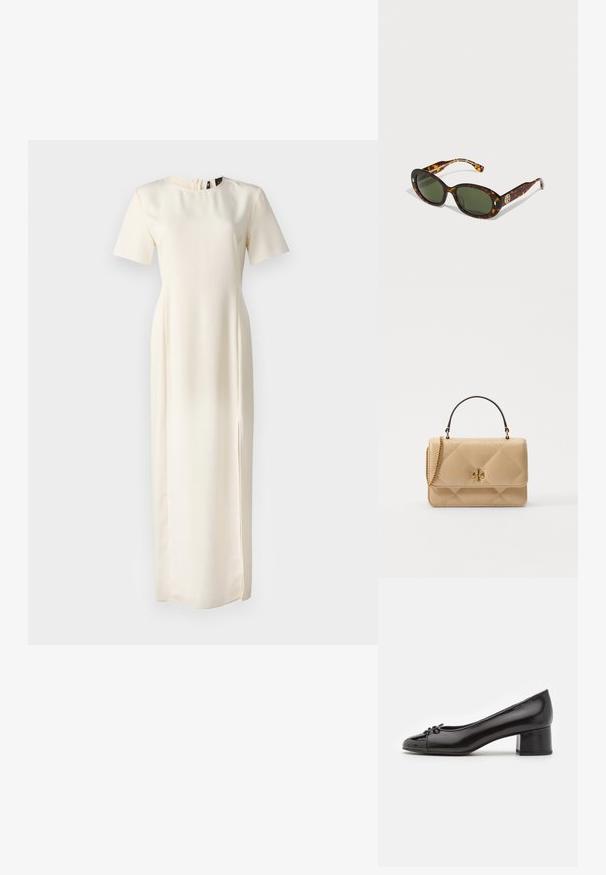 Marella PATTO - Kasdienė suknelė - wool white; Juodas patentuotas odinis batelis su apvalia nosimi, mažas kaspinėlis priekyje ir žemas blokinis kulnas. Sklandus paviršius visame batelio plote.; Plekstinės akinių rėmeliai su žaliais lęšiais, ovalo formos, su auksiniais logotipo aksesuarais šone ir lygiu blizgiu paviršiumi.; Kailiniuotas šviesiai rudas odinis rankinukas su auksinės spalvos detalėmis, grandinėlės petnešomis ir viršutine rankena. Yra priekinė uždanga ir išskirtinis logotipo akcentas.