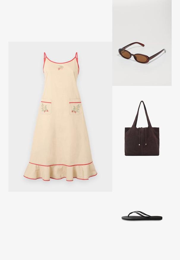 Bežna delovna obleka z rdečimi trakovi in obrobo. Ima dva sprednja žepa z vezenjem jagod in nabran rob na dnu.; Črne natikače z teksturirano gumijasto podlogo, dvema ozkima trakoma in subtilnim, vtisnjenim logom na traku.; Okrogle, rjavo obarvane sončne naočare z sijočim burgundskim okvirjem. Tanek nosilec s subtilnim logotipom. Oblika leč je ravna.; Mango Torba za nakupovanje - dark brown