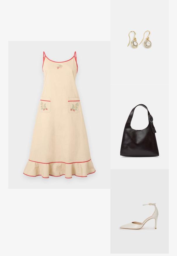 Bežna delovna obleka z rdečimi trakovi in obrobo. Ima dva sprednja žepa z vezenjem jagod in nabran rob na dnu.; Bela usnjena čevlja na visoki peti z ozkim prstom, trakom okoli gležnja in tanko stiletto peto. Gladka tekstura z rahlim sijočim finišem.; Rjava usnjena torba za ramo z gladko teksturo, okroglo obliko, širokim trakom in krožno kovinsko akcenco na ročaju.; Zlato obarvani uhani z ovalnimi prozornimi kristali, ki jih obdajajo manjši prozorni kamenčki, s sistemom za oblačenje za varno nošenje.