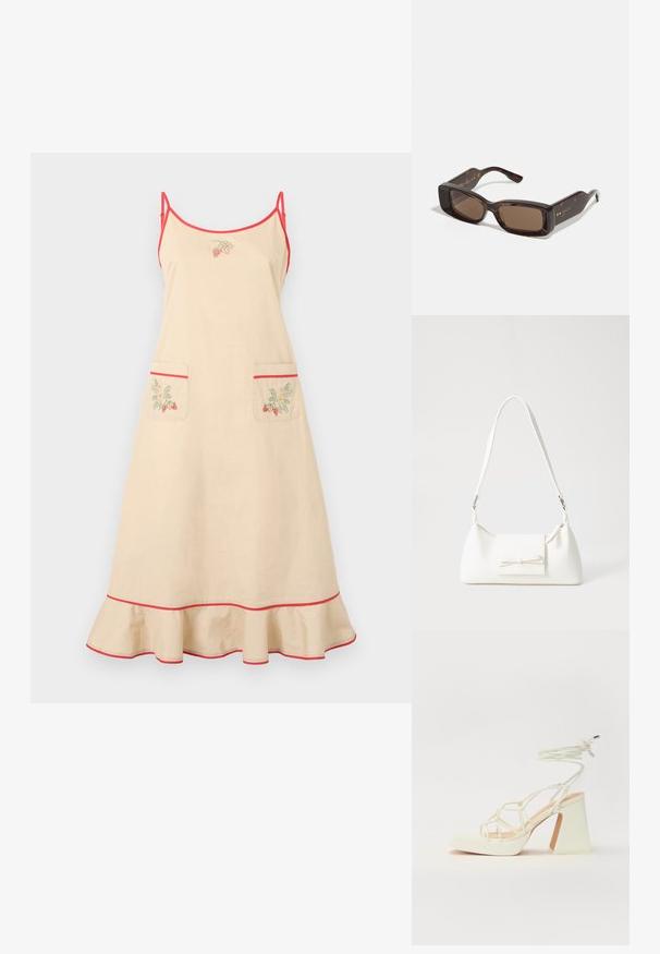 Šviesiai ruda prijuostė su raudonomis petnešomis ir apvadu. Savybė – dvi priekinės kišenės su braškių siuvinėjimu ir pakraščiu su volanu apačioje.; Balti aukštakulniai sandalai su masyviu kulnu, su dirželių dizainu ir kulkšnies raiščiu. Lygi tekstūra su platforma priekyje, suteikianti papildomą aukštį.; Gucci akiniai su stačiakampiais rudi objektyvais, vėžlio kiauto acetato rėmu ir auksiniu logotipu šventyklose.; Balta sintetinė rankinė trikampio formos, plokščiu priekiu su užsegimu, kaspino detale, reguliuojama dirželiu, lygia tekstūra ir minimalistišku dizainu.