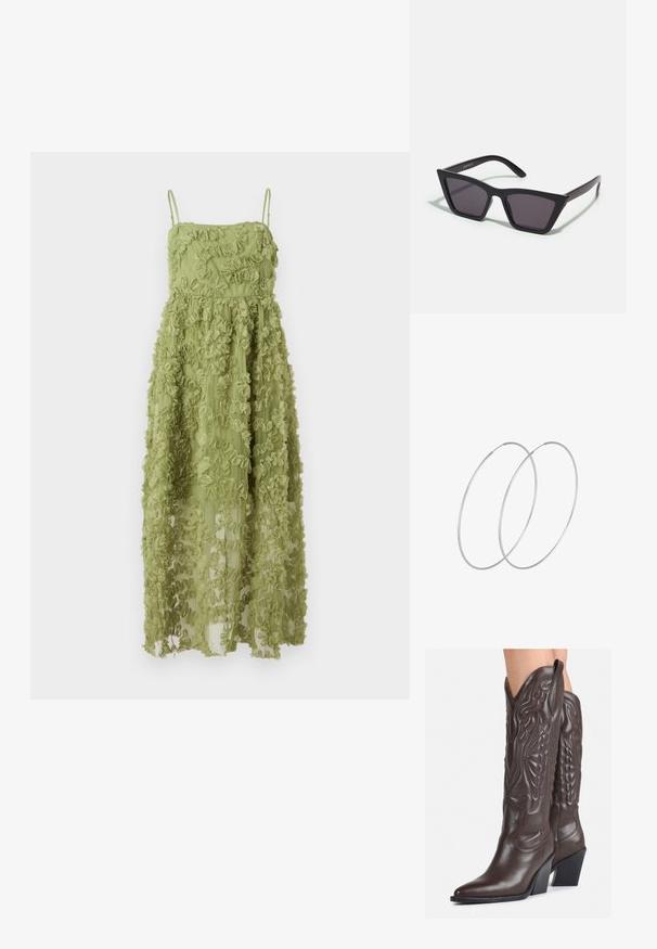 Šviesiai žalia maksi suknelė, pasižyminti raukšlėtu audiniu, plonomis reguliuojamomis petnešėlėmis ir laisvai krentančia siluetu su siuvinėjimo tekstūra.; Rudos odinės kaubojaus batai su smailiu priekiu ir blokuotu kulnu, pasižymintys detaliu siuvinėjimu ir iškiliais akcentais ant ašies.; Juodos, kampuotos saulės akinios su pilkais stiklais; pagaminti iš plastiko, su storomis šakėmis, turinčiomis lygų paviršių ir be matomų detalių.; Sidabrinės pusmėnulio auskarai minimalistiniu dizainu. Apskritimo forma, lygus paviršius ir plonas profilis. Lengvi su poliruotu apdailu.