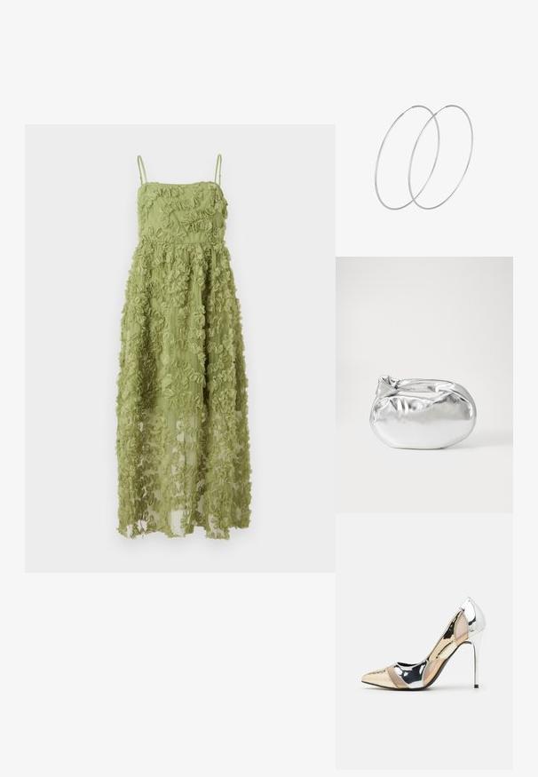 Maxi šaty svetlozelené farby s volánovým materiálom, tenkými nastaviteľnými ramienkami a voľným strihom s vyšívanou textúrou.; Lodičky s špičatou špičkou v striebornom, zlatom a telovom farebnom prevedení. Lesklý povrch s výrezovým dizajnom, s ihlovým opätkom.; Strieborná metalická taška s mäkkým, zaobleným tvarom a uzáverom s uzlíkom. Vyrobená z hladkej syntetickej kože.; Strieborné kruhové náušnice s minimalistickým dizajnom. Cirkulárny tvar, hladký povrch a tenký profil. Ľahké s lesklým povrchom.