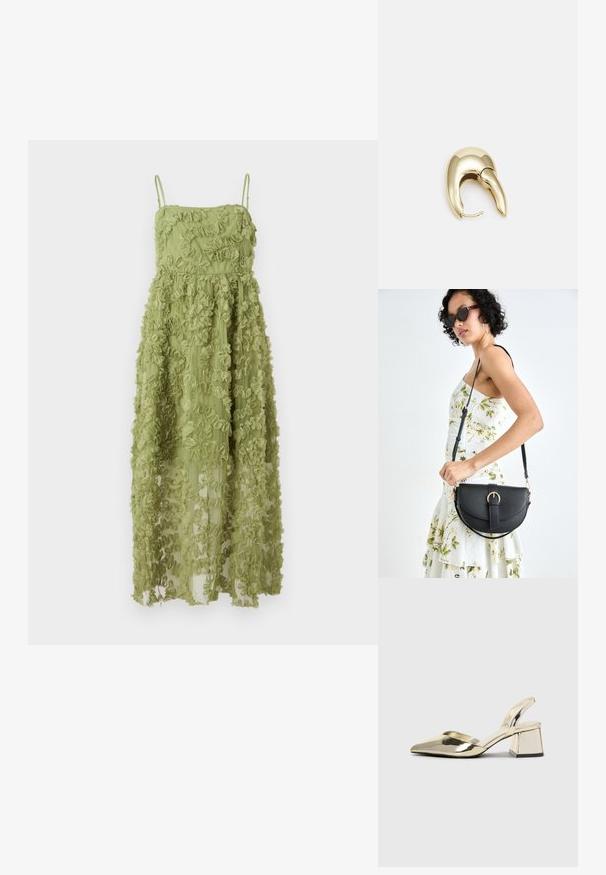 Maxikjole i lys grøn med rynket materiale, tynde justerbare stropper og en let silhuet med broderet tekstur.; Gull, metallisk slingback-hæler med spiss tå og chunky hæl. Glatt tekstur, minimalistisk design og en smal stropp.; Svart lærveske med en buet form, avtagbar stropp og gullbeslag. Vesken har et klaff med spenne-detall.; Gullfarget metalløredobber med et elegant, buet design. Har en karakteristisk spiss form, polert overflate og hengsel-lukking.