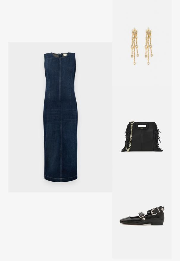 DL1961 ESME MIDI DRESS - Haljina od trapera - cromer; Crne lakirane balerinke sa četvrtastim vrhom, remenom oko zapešća sa srebrnim detaljima i ravnim đonom. Glatka tekstura s minimalističkim dizajnom.; Crna kožna torba s resicama, zlatnim lančićem za rame i rukohvatom u obliku izreza. Sadrži logo na prednjoj strani.; Zlatne naušnice s višestrukim kaskadnim lancima, s prozirnim ovalnim cirkonima i dekorativnim šiljcima na vrhu.