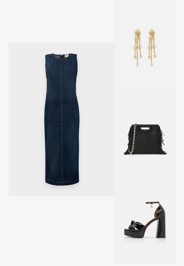 DL1961 ESME MIDI DRESS - Farkkumekko - cromer; Maje Korolliset sandaalit - noir; Musta nahkakäekott, millel on frantsiisidetailid, kuldne õlgade rihm ja lõikega käepide. Ees on logo paigutus.; Kultaketjua roikkuvat korvakorut, joissa on useita putoavia ketjuja, ja selkeitä ovaaleja rhinestone-akselteja sekä koristeelliset niittitoppaukset.