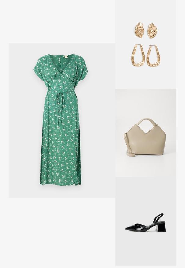 Vestido maxi floral verde com mangas curtas, decote em V, design com laço na cintura e tecido leve com flores brancas dispersas.; Sandy em verniz preto com salto slingback, ponta afilada e salto geométrico. Apresenta um design elegante e minimalista com textura suave.; Bolsa estruturada bege com um topo em forma de V, material de couro liso, alças curtas e uma alça longa ajustável. Design minimalista.; Brincos em tom de ouro com formas onduladas e texturizadas. Inclui studs escultóricos com presilha e um design de argola aberta com um acabamento martelado.