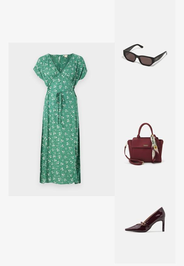 Zielona kwiatowa sukienka maxi z krótkimi rękawami, dekoltem w kształcie litery V, zawiązywaniem w pasie oraz lekkim materiałem z rozsypanymi białymi kwiatami.; Patentowe bordowe szpilki z ostrym noskiem, paskiem na kostce z złotym wykończeniem oraz gładkim, wypolerowanym wykończeniem. Wysokobrożna szpilka.; Czarne prostokątne okulary przeciwsłoneczne z ciemnymi soczewkami. Posiadają gładki plastikowy szkielet i detal z logo na zauszniku. Czysty, nowoczesny design.; Burgundowa torebka wykonana z materiału syntetycznego, o strukturalnym designie, z odpinanym paskiem i chustą w kwiatowy wzór związaną na uchwycie.