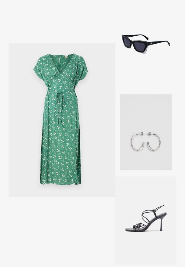 Rochie maxi floral verde, cu mâneci scurte, decolteu în V, design cu talie legată și material ușor, cu flori albe dispuse aleator.; Sandale negre cu toc înalt au curele subțiri cu un design legat, un vârf pătrat neted și un toc stiletto elegant.; Ochelari de soare supradimensionați, negri, cu o formă geometrică, având lentile întunecate și un detaliu gri contrastant pe ramă. Logo pe braț.; Cercei rotunzi din argint cu un finisaj neted și strălucitor. Design ușor, având o formă rotundă și închidere cu tijă.