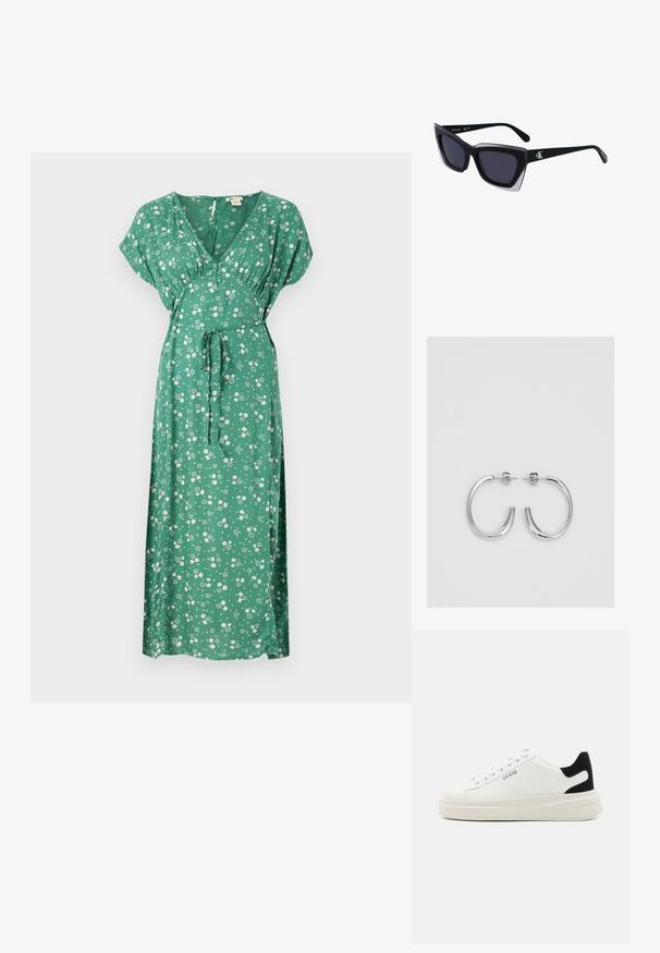 Zelené kvetinové maxi šaty s krátkymi rukávmi, výstrihom do V, dizajnom so zaväzovaním v páse a ľahkou tkaninou s roztrúsenými bielymi kvetmi.; Biele kožené tenisky s hrubou bielou podrážkou, čiernym zamekom na päte a vyrazeným logom na boku. Šnurovací dizajn so šiestimi očkami.; Čierne oversized slnečné okuliare s geometrickým tvarom, s tmavými šošovkami a kontrastným šedým detailom na ráme. Logo na mostíku.; Strieborné kruhové náušnice s hladkým a lesklým povrchom. Okrúhly tvar, ľahký dizajn, s uzáverom na kolík.