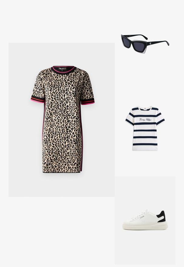 Leopardenmuster Kleid in Beige, mit kurzen Ärmeln, rundem Ausschnitt und schwarzen sowie pinken gestreiften Akzenten an den Seiten.; Baumwoll-T-Shirt mit horizontalen navy-blauen Streifen auf weißem Hintergrund. "Tommy Hilfiger" in Kursivschrift auf der Brust gestickt. Runder Halsausschnitt.; Weiße Leder-Sneaker mit einer dicken weißen Sohle, schwarzem Wildlederakzent an der Ferse und geprägtem Logo an der Seite. Schnürdesign mit sechs Ösen.; Schwarze übergroße Sonnenbrille mit geometrischer Form, ausgestattet mit dunklen Gläsern und einem kontrastierenden grauen Detail im Rahmen. Logo am Bügel.